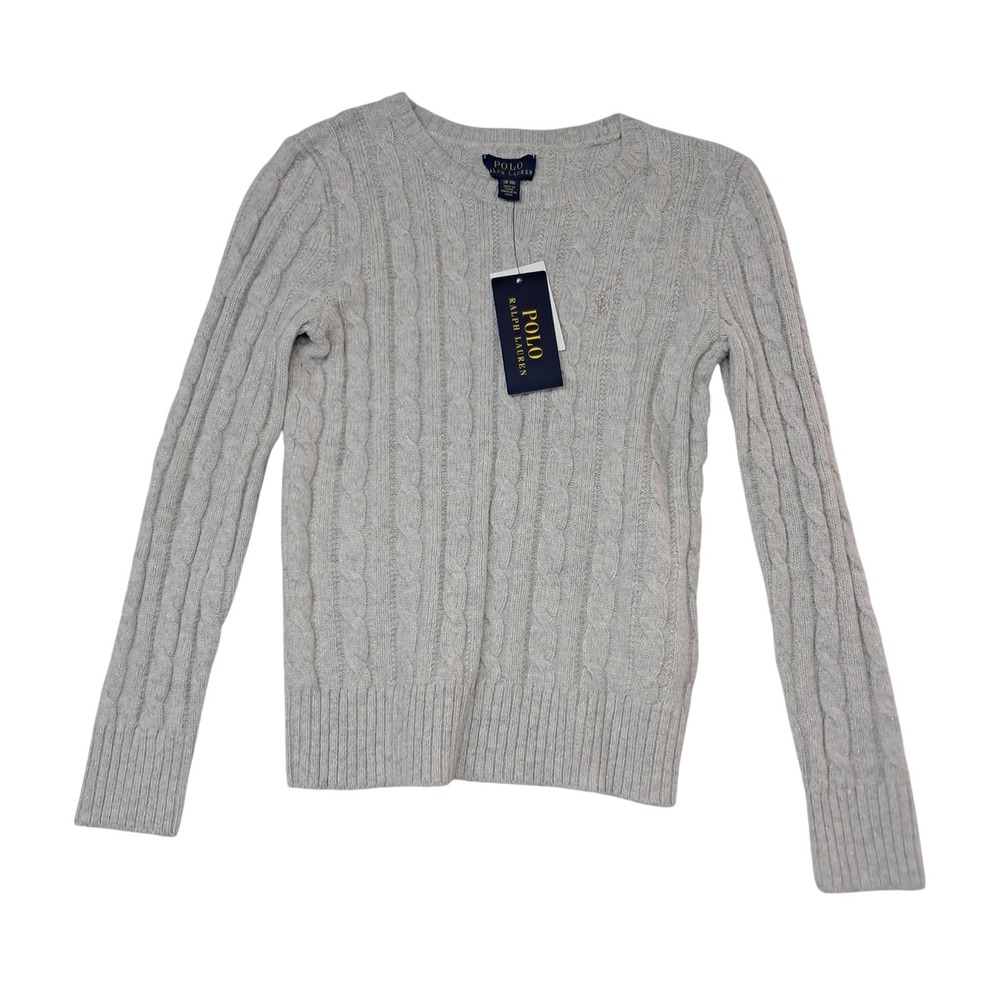 NWT Polo Ralph Lauren Sweater‎ Girls M 8-10 Grey Cable Knit Shimmer Pony Logo